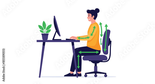 Woman demonstrating correct ergonomic sitting posture at a computer desk with green arrows indicating proper alignment for health.