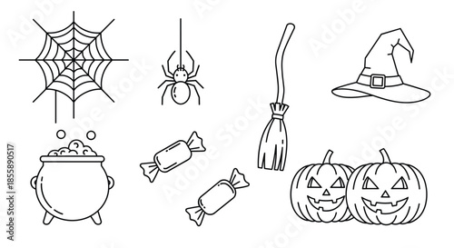 Collection of black and white Halloween themed line art icons including a pumpkin spider web witch hat and cauldron.