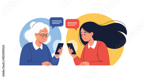 Younger woman and an elderly woman happily texting each other on smartphones showing intergenerational communication technology.