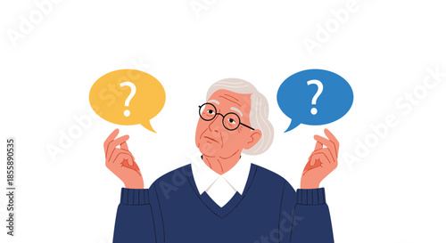 Elderly woman with glasses showing confusion with question marks in speech bubbles representing memory loss or dementia.