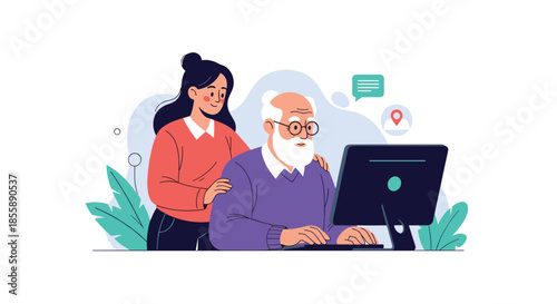 Kind young woman helps a senior man with a beard and glasses use a computer for learning and technology assistance.