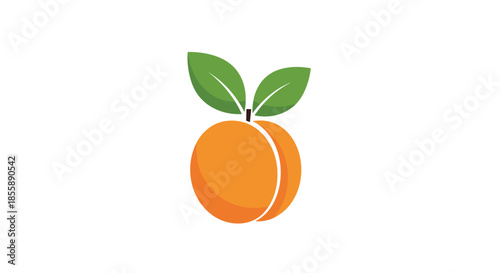 Simple and clean flat design icon of a ripe orange apricot or peach with two green leaves on a white background.