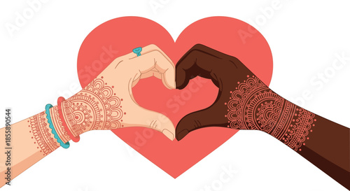 Interracial couple's hands with beautiful henna tattoos form a heart shape symbolizing love diversity and unity together.