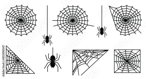 Set of black and white spider web and spider icons in various shapes perfect for Halloween decorations and designs.