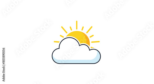Simple and cute weather icon showing a bright yellow sun partially hidden behind a fluffy light blue and white cloud.