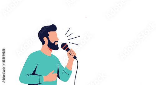 Illustration of a bearded man in a teal shirt speaking or singing passionately into a microphone with sound lines emanating.