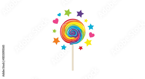 Colorful rainbow swirl lollipop candy surrounded by bright stars and hearts in a fun and cheerful vector illustration.