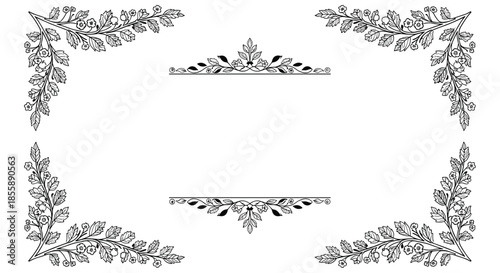 Set of elegant hand-drawn floral corner decorations and dividers for creating beautiful vintage-style frames and borders.