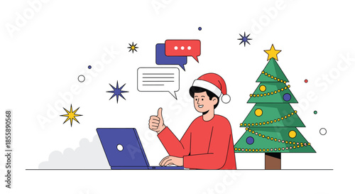 Man in a Santa hat gives a thumbs up during a video call on his laptop next to a decorated Christmas tree.