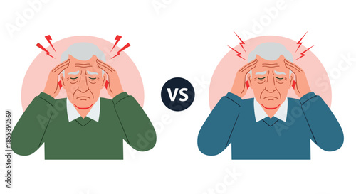 Comparison illustration of an elderly man suffering from a headache or migraine shown in two different color schemes.