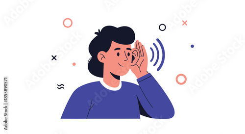 Young person holding a hand to their ear to listen carefully with a sound wave icon in a modern illustration style.
