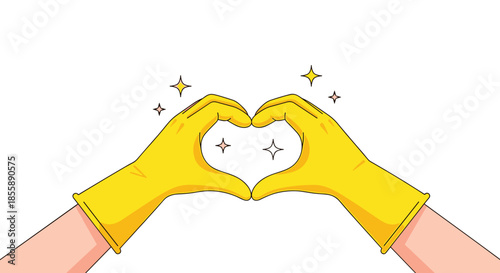Hands wearing sparkling yellow cleaning gloves form a heart shape to show love for cleaning and a tidy home.