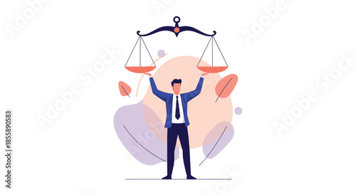Professional man in a suit standing confidently and holding up the scales of justice symbolizing law and balance.