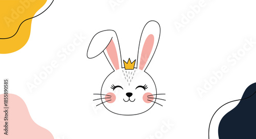 Cute hand-drawn bunny princess with a gold crown and pink cheeks on a white background with abstract colorful shapes.