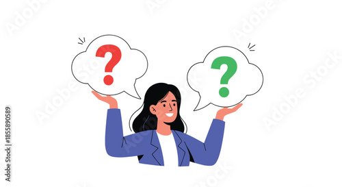 Smiling woman holding up two speech bubbles with red and green question marks representing choices and decision-making.
