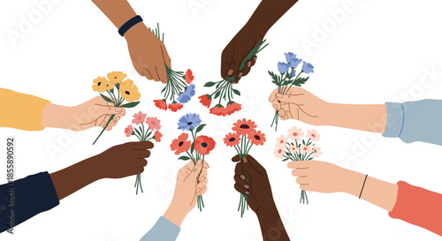 Diverse hands with different skin tones coming together to give and receive colorful bouquets of flowers as a sign of unity.