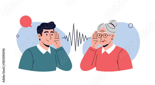 Young man and an elderly woman listening to each other with a sound wave between them illustrating clear communication.
