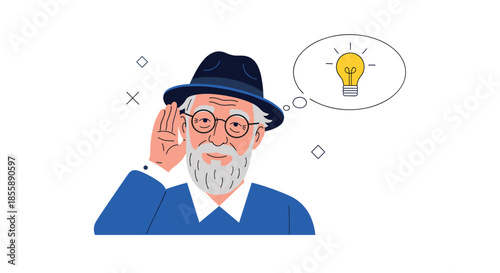 Elderly man with a hat and glasses listening intently and having a bright idea represented by a lightbulb in a thought bubble.