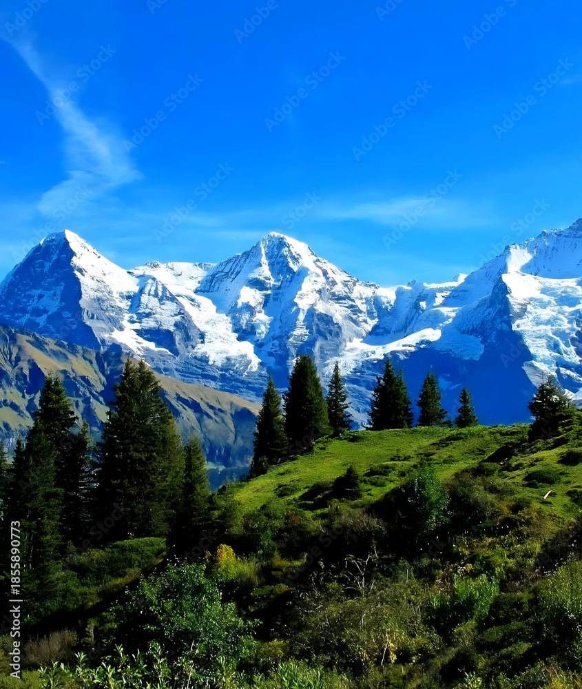 Fototapeta premium Majestic snow-capped peaks of the Swiss Alps rise above lush green hills and pine trees under a clear blue sky symbolizing natures grandeur