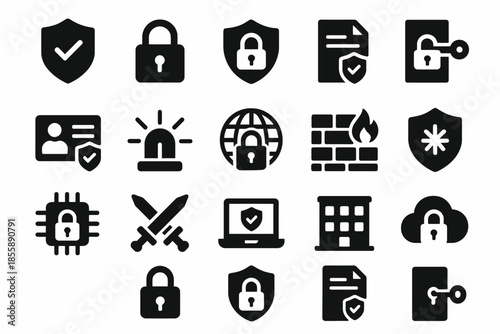 Cybersecurity icons set: locks, shields, firewalls, and secure connections