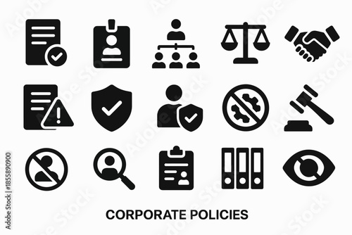 Corporate policies icons: compliance, security, leadership, accessibility, privacy
