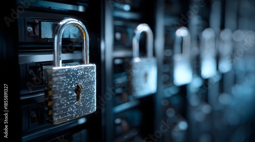 Secure metal padlocks attached to server racks symbolize strong data protection, cybersecurity, and access to advanced technologies, ideal for technology, network security, and IT security.