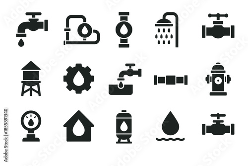 Water supply and plumbing icons set: faucets, valves, pipelines, hydrant