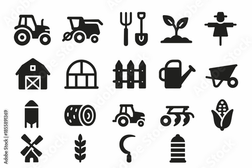 Agriculture icons set: tractor, barn, tools, plants, and more