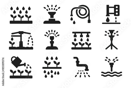 Various irrigation system icons depicting modern watering techniques for agriculture