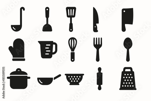 Black kitchen utensil icons set featuring ladle, spatula, knife, whisk, fork