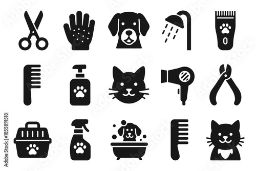 Pet grooming icons set featuring cats and dogs with grooming tools and accessories