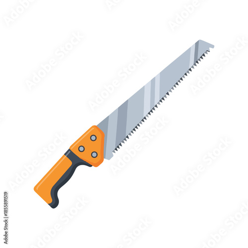 A flat lay of an orange-handled handsaw with a silver blade on a white background, showcasing garden tools.