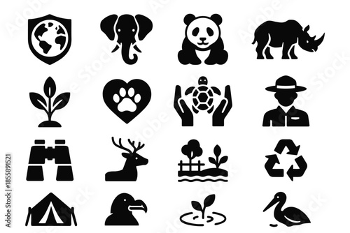 Collection of animal and nature conservation icons including elephant, panda, and recycling symbols