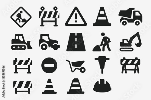 Construction icons set including road signs, barriers, and heavy equipment symbols