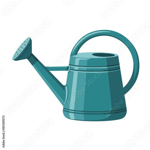 A teal-colored watering can with a long spout and handle against a clean white background, featuring garden tools.