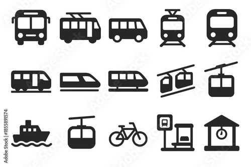 Icons of various modes of transportation: bus, tram, bicycle, train, ship, cable car