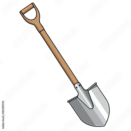 Illustration of a garden shovel with a wooden handle and metal blade on a white background.
