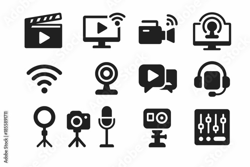 Media and communication icons: film, streaming, and audio equipment symbols