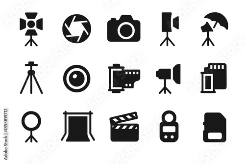 Photography equipment icons set: camera, tripod, lighting, lens, backdrop, sd card, clapperboard
