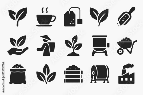 Tea production icons: leaves, packaging, brewing, industrial process illustrations