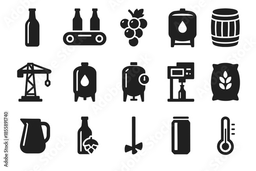 Winery equipment icons: grapes, barrels, bottles, and thermometer