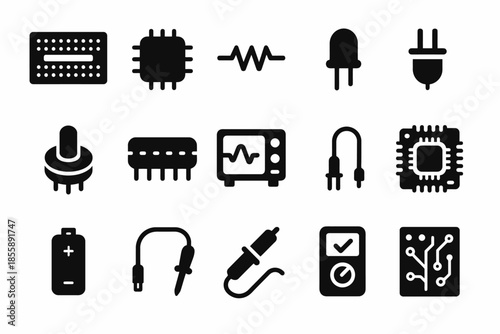 Collection of electronic components and symbols in black and white icons