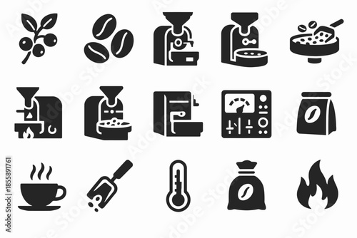 Coffee production icons: roasting, grinding, brewing, and packaging symbols