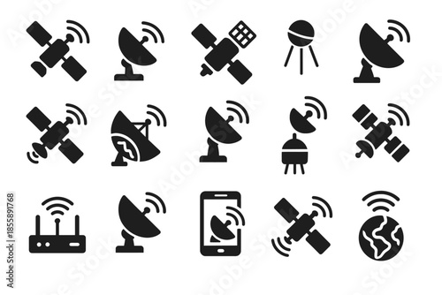 Satellite and antenna icons set featuring communication and technology symbols