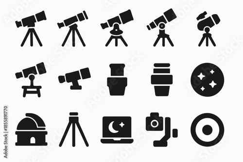Telescope icons and astronomy symbols in black silhouette style