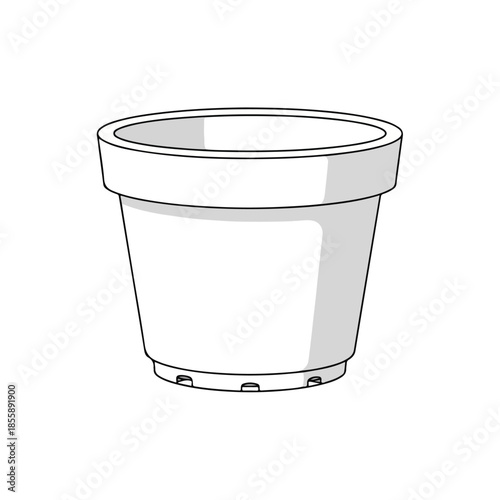 A simple line drawing of an empty flower pot with a wide mouth and small feet on a white background, showcasing garden tools concept.