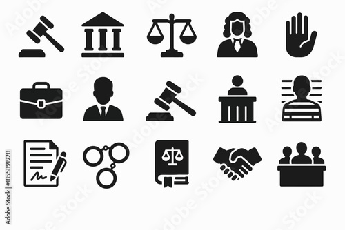 Law and justice icons: courtroom symbols including judge, gavel, scales, and handcuffs
