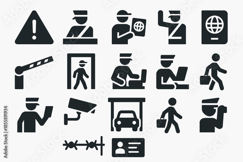 Airport security icons: passport control, baggage check, surveillance, metal detector, customs officer