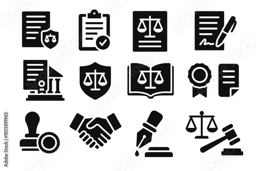 Legal document icons featuring scales, gavel, and seal in black and white