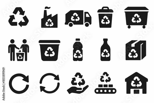 Black recycling icon set: symbols for waste management and eco-friendly practices